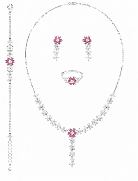 Sylvexia pink Floral Silver Jewelry Set Necklace Earrings Ring Bracelet