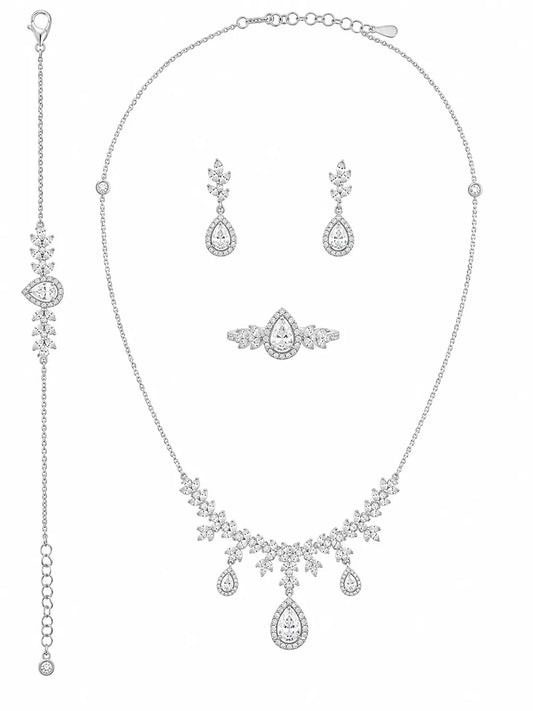 Sylvexia Premium Silver Necklace Earrings Ring Bracelet Jewelry Set Women