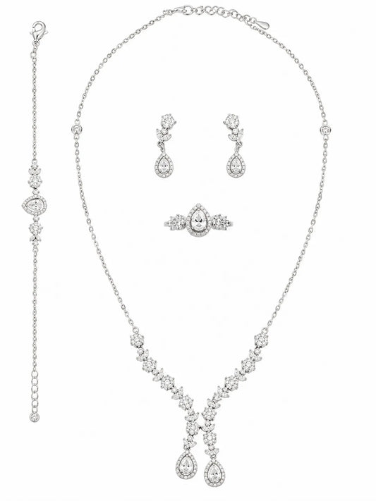 Sylvexia Premium Silver Necklace Earrings Ring Bracelet Jewelry Set Women