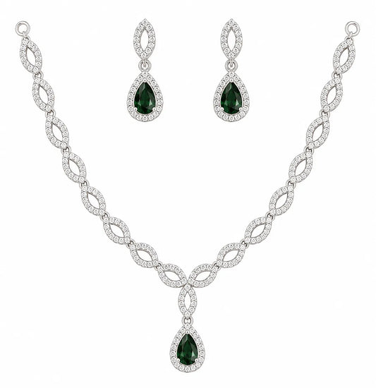 Sylvexia 925 Sterling Silver  Green CZ Necklace Set with Drop Earrings for Women