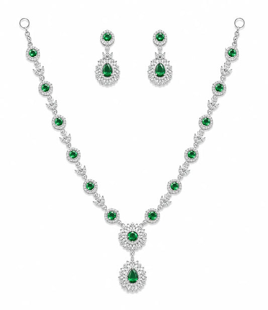 Sylvexia 925 Sterling Silver Green CZ Bridal Necklace Set with Earrings