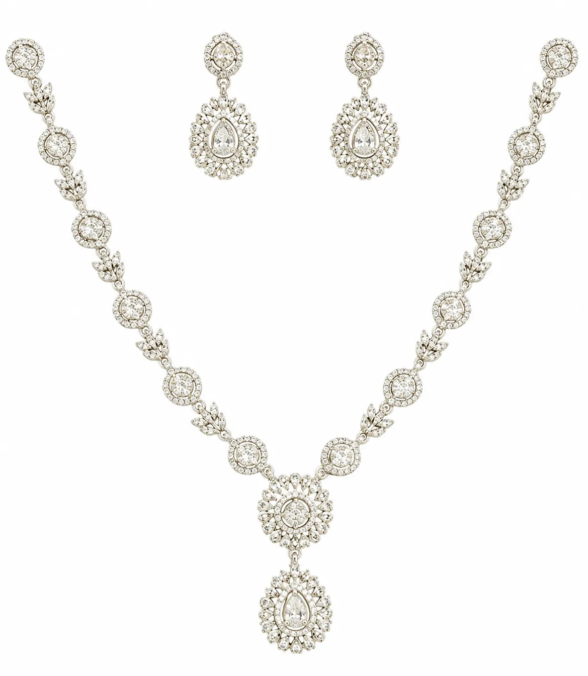 Sylvexia 925 Sterling Silver White CZ Bridal Necklace Set with Earrings