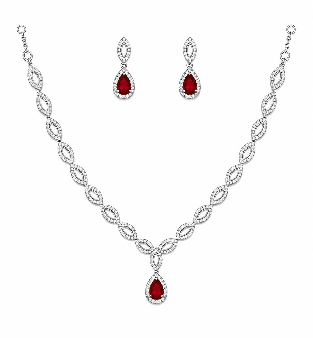 Sylvexia 925 Sterling Silver  Red CZ Necklace Set with Drop Earrings for Women