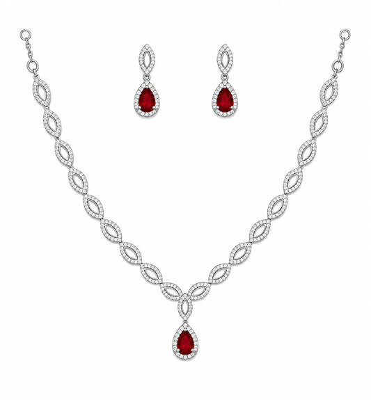 Sylvexia 925 Sterling Silver  Red CZ Necklace Set with Drop Earrings for Women