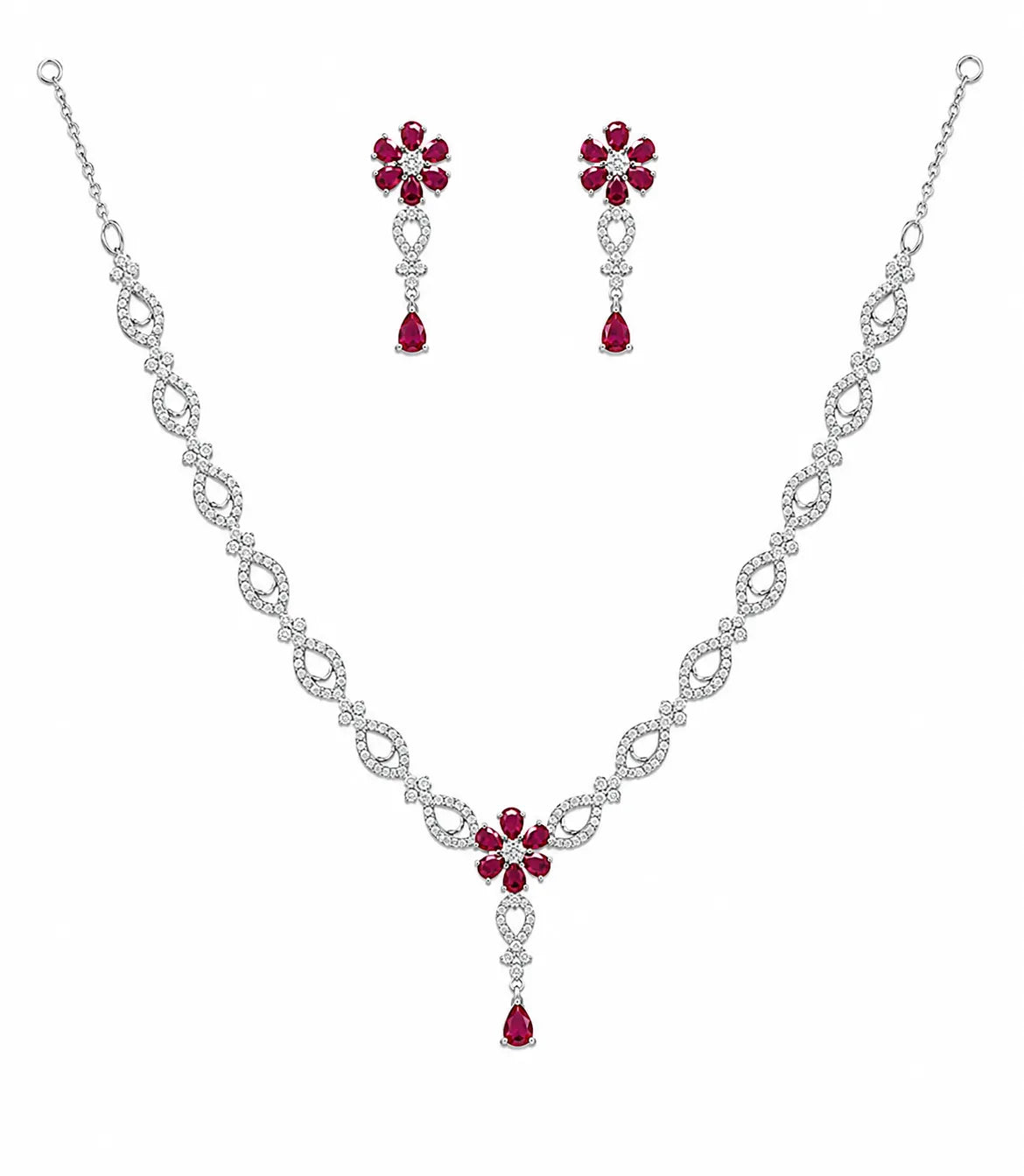 Sylvexia 925 Sterling Silver Red CZ Necklace Set with Drop Earrings for Women