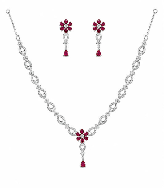 Sylvexia 925 Sterling Silver Red CZ Necklace Set with Drop Earrings for Women