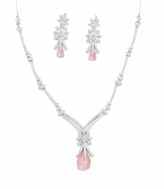 Sylvexia 925 Sterling Silver Pink CZ Necklace Set with Drop Earrings for Women