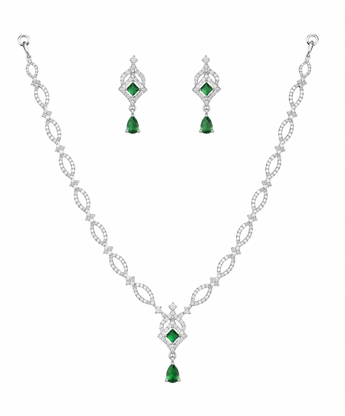 Sylvexia 925 Sterling Silver Green CZ Necklace Set with Drop Earrings for Women