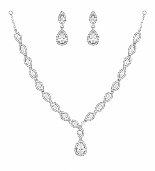 Sylvexia Designer 925 Silver CZ Bridal Necklace Set with Drop Earrings