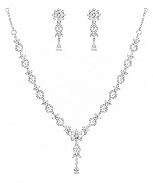 Sylvexia Wedding Wear 925 Sterling Silver CZ Necklace Earrings Set