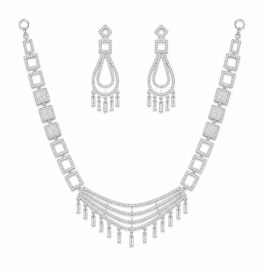 Sylvexia Geometric 925 Silver Plated CZ Stone Necklace Set with Statement Dangle Earrings for Women Party Jewelry