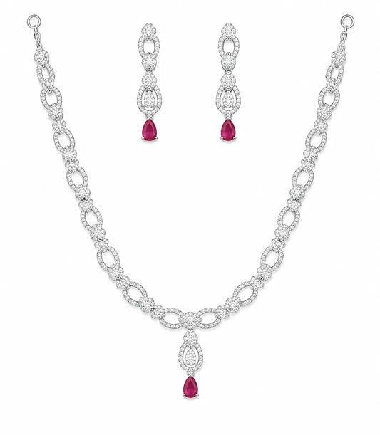 Sylvexia Pink Crystal Necklace & Earrings Set in 925 Sterling Silver