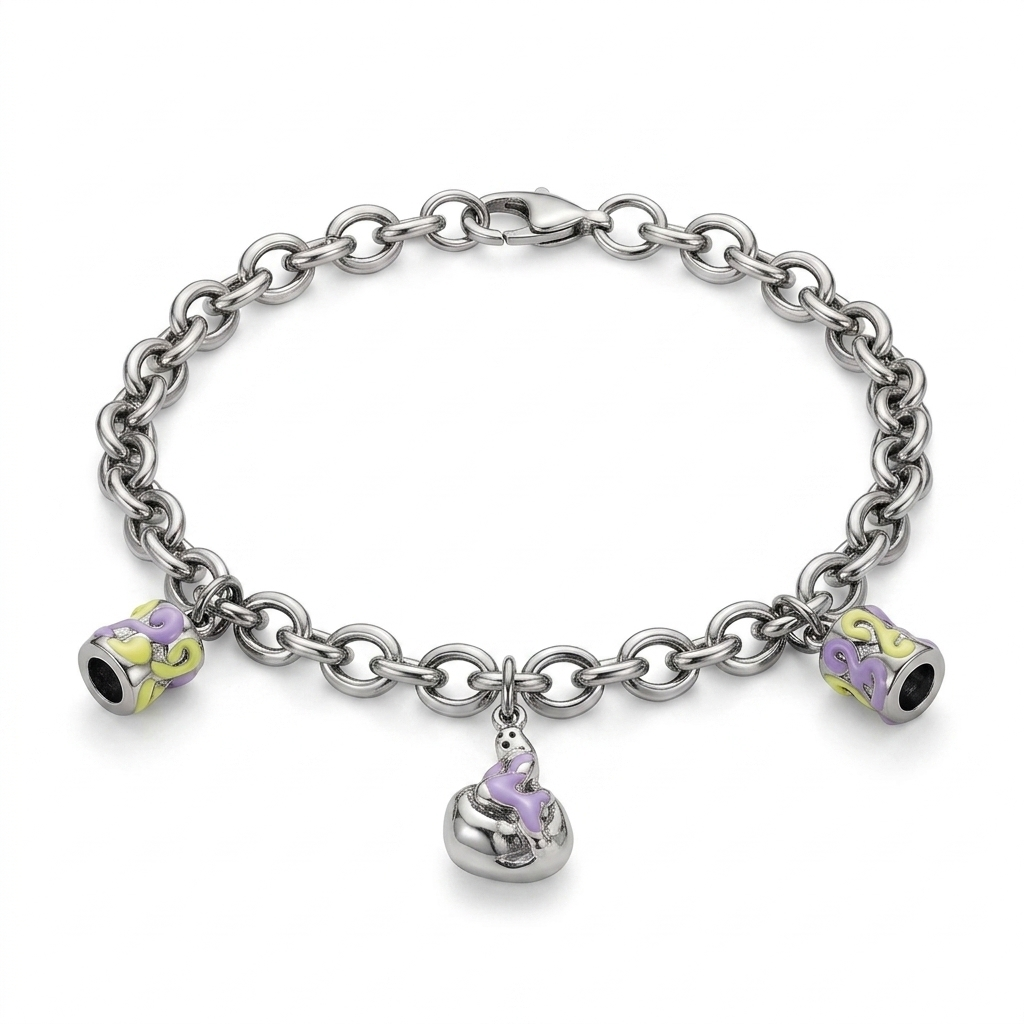 SYLVEXIA 925 Sterling Silver Charm Bracelet with Purple Enamel Beads and Hanging Pendant for Women