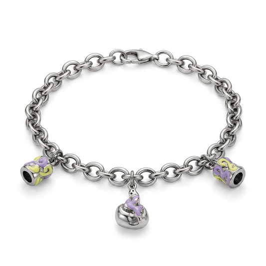 SYLVEXIA 925 Sterling Silver Charm Bracelet with Purple Enamel Beads and Hanging Pendant for Women