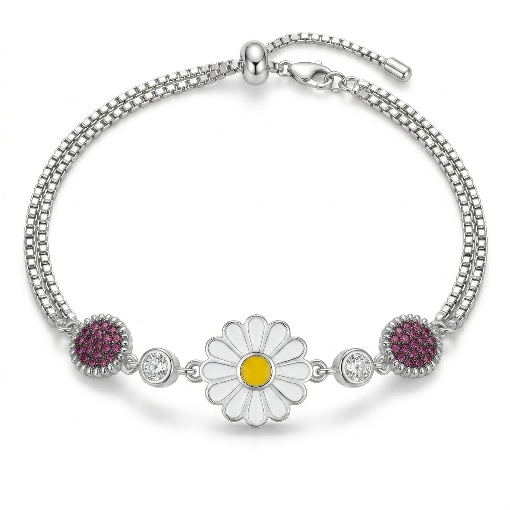 SYLVEXIA 925 Sterling Silver Daisy & Pink Crystal Double-Layer Chain Bracelet for Women