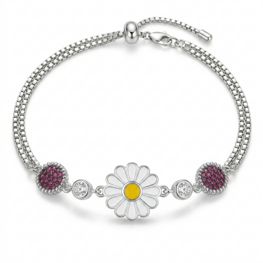 SYLVEXIA 925 Sterling Silver Daisy & Pink Crystal Double-Layer Chain Bracelet for Women